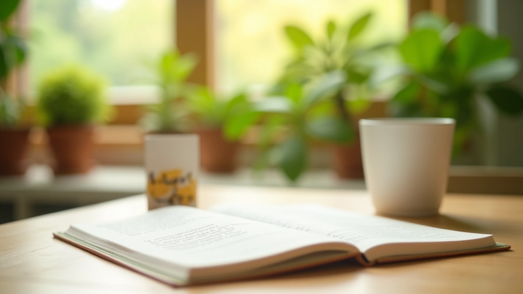 Professional workspace with notebook, pen, and motivational materials for personal development and self-discovery