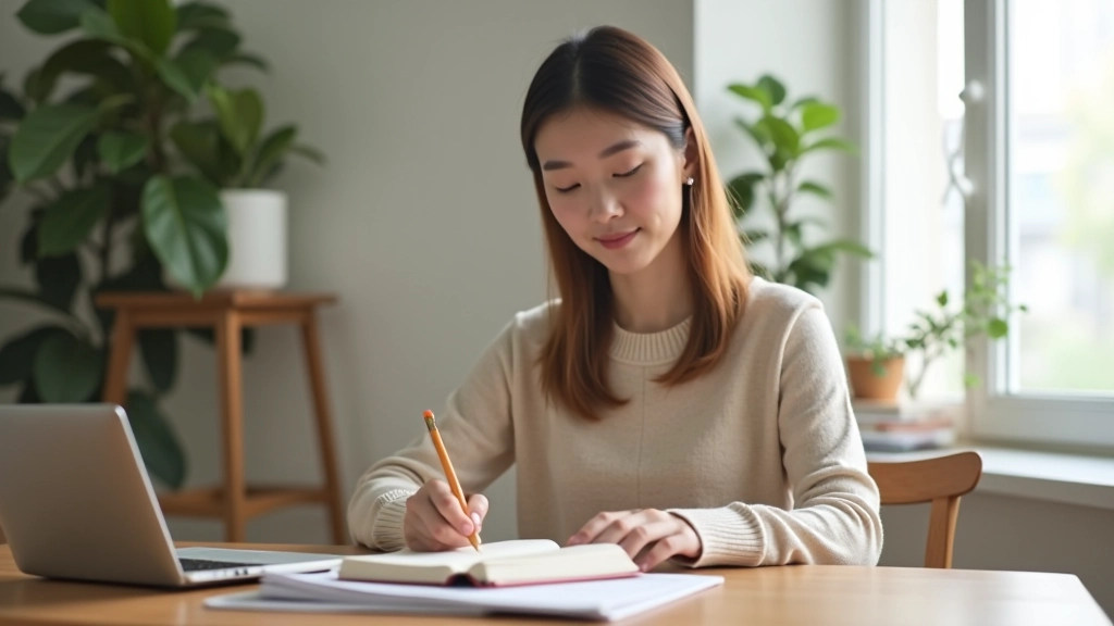 Person writing in journal during personal reflection session in quiet workspace